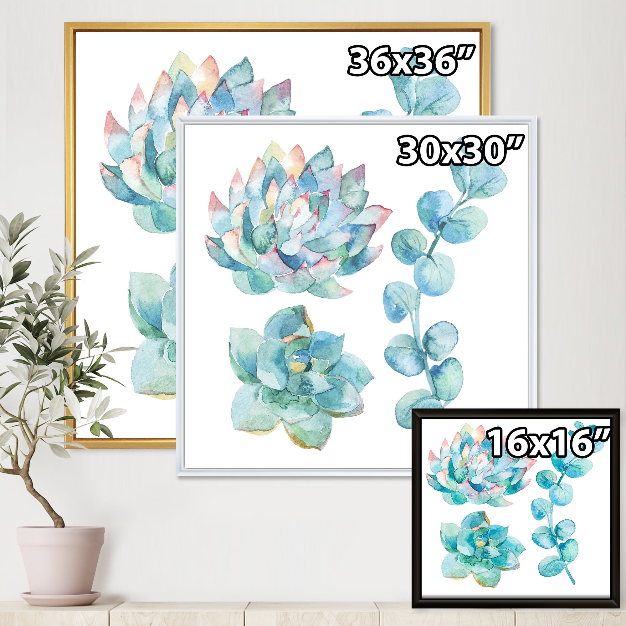 Designart 'Succulents and Eucalyptus Leaves' Traditional Framed Canvas Wall Art Print