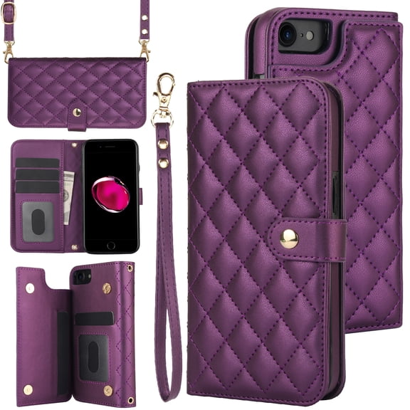 TECH CIRCLE Folio Faux Leather Case for iPhone 8 Plus & iPhone 7 Plus (5.5") 2017 - Protective Case, Built-in Stand & Card Slots & Wrist Strap & Button Closure, Lightweight Portable Cover, Dark Purple