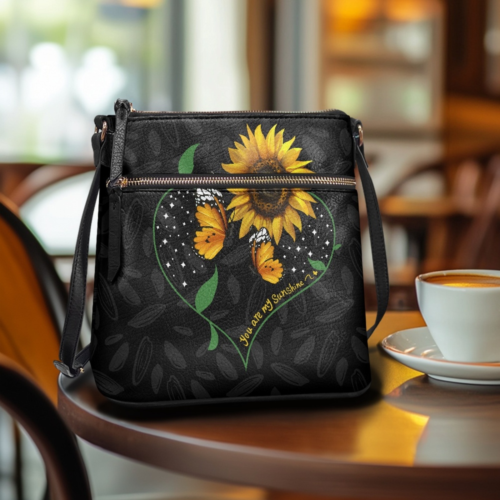 LedBack Sunflower Print Leather Women Crossbody Hobo Bag Portable Satchel Purse Multi Pocket Messenger Bag Soft Sling Shoulder Handbag Purse (You Are My Sunshine), Black