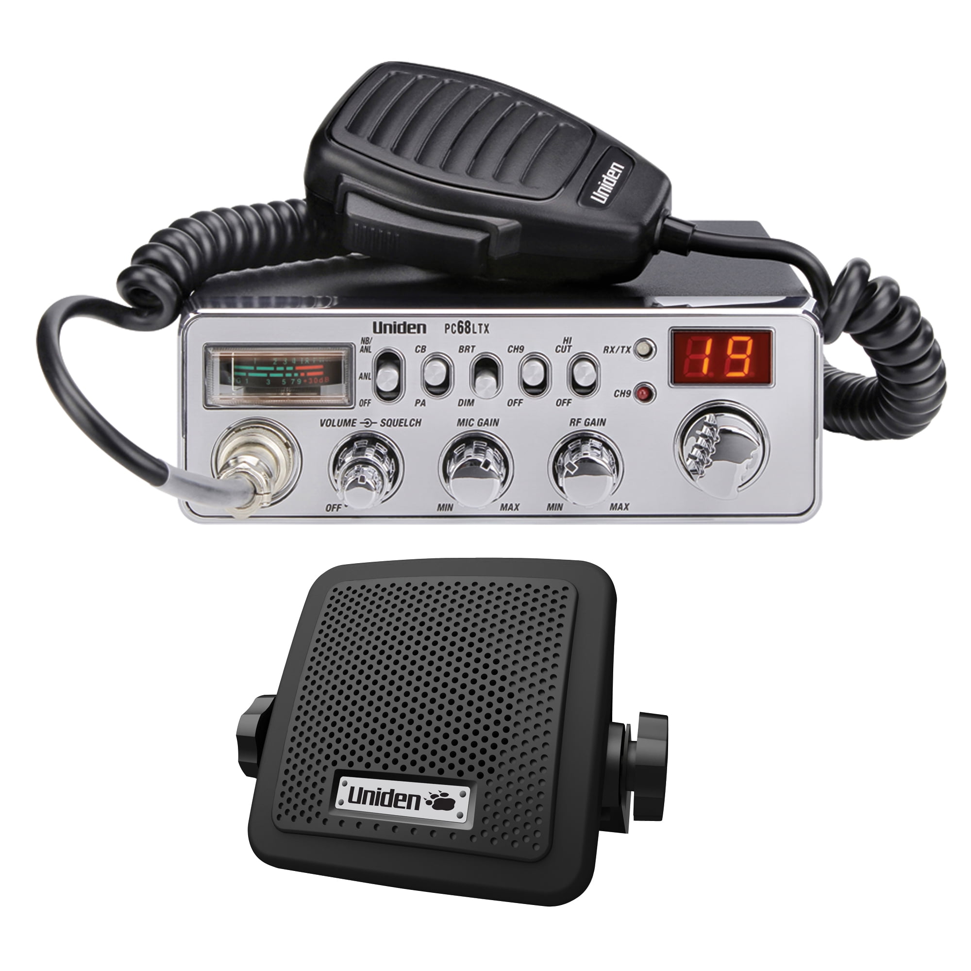 5 Items Includes Uniden PC68LTX 40 Channel CB Radio with Shark Antennas 2ft CB Antenna Mirror Mount Uniden PC68LTX Radio and Accessory Bundle 12 Coax and Ham Guides TM Quick Reference Card 