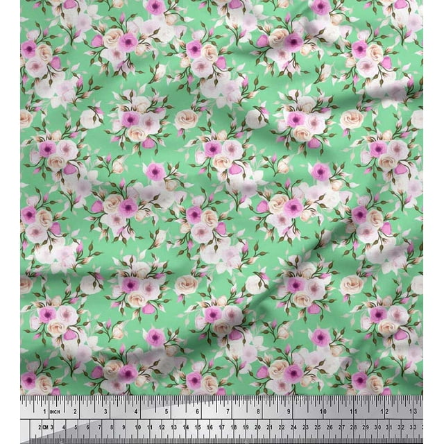 Soimoi Tissu Popeline de Coton Imprimé Feuilles & Roses au Mètre 42 Pouces de Large