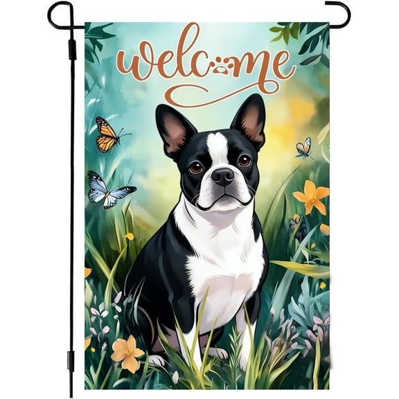 Welcome Spring Summer Rustic Burlap Garden Flag 12x18 Double Sided Boston Terrier Dog Outdoor Lawn Decor