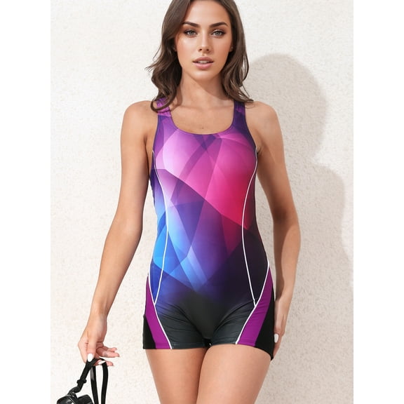 ATTRACO Womens Sports One-piece Swimsuit Color Block Sports Swimsuit Flat Leg Gradient Swimwear