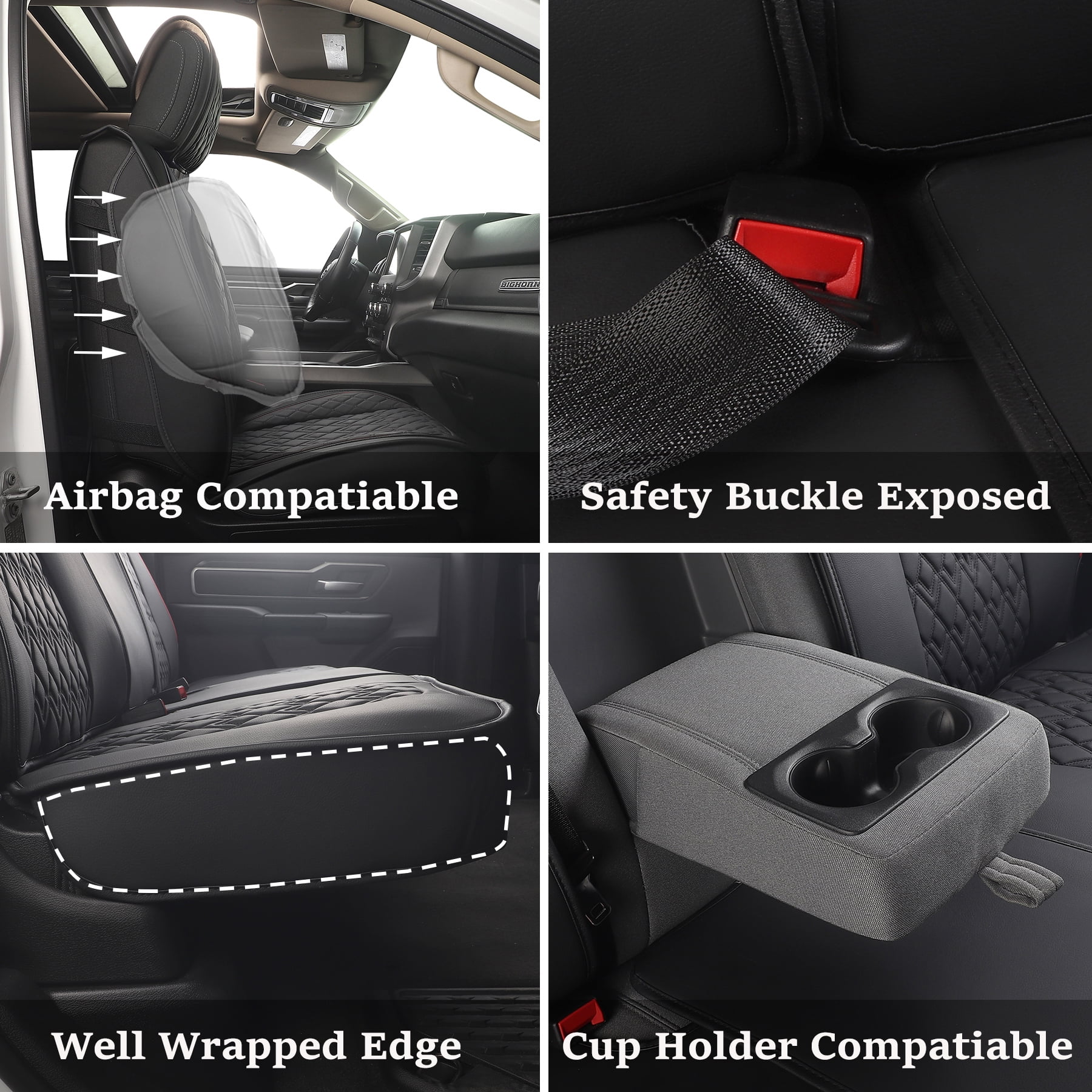 JOJOBAY Car Seat Covers for Dodge Ram Full Set,Fit Ram 2009-2026 1500/2500/3500 Pick-up Truck,Crew,Regular,Quad,Mega Cab,Waterproof Leather Seat Covers Protectors（5 PCS Full Set,Black）