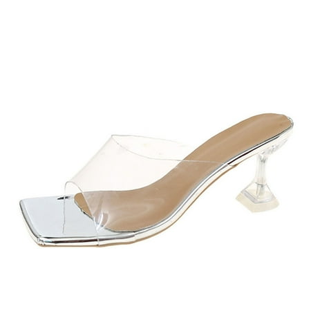 

sandals for Women Fashion Spring And Summer Women Sandals High Heel Transparent Strap Solid Color Sexy PU heeled sandals Silver
