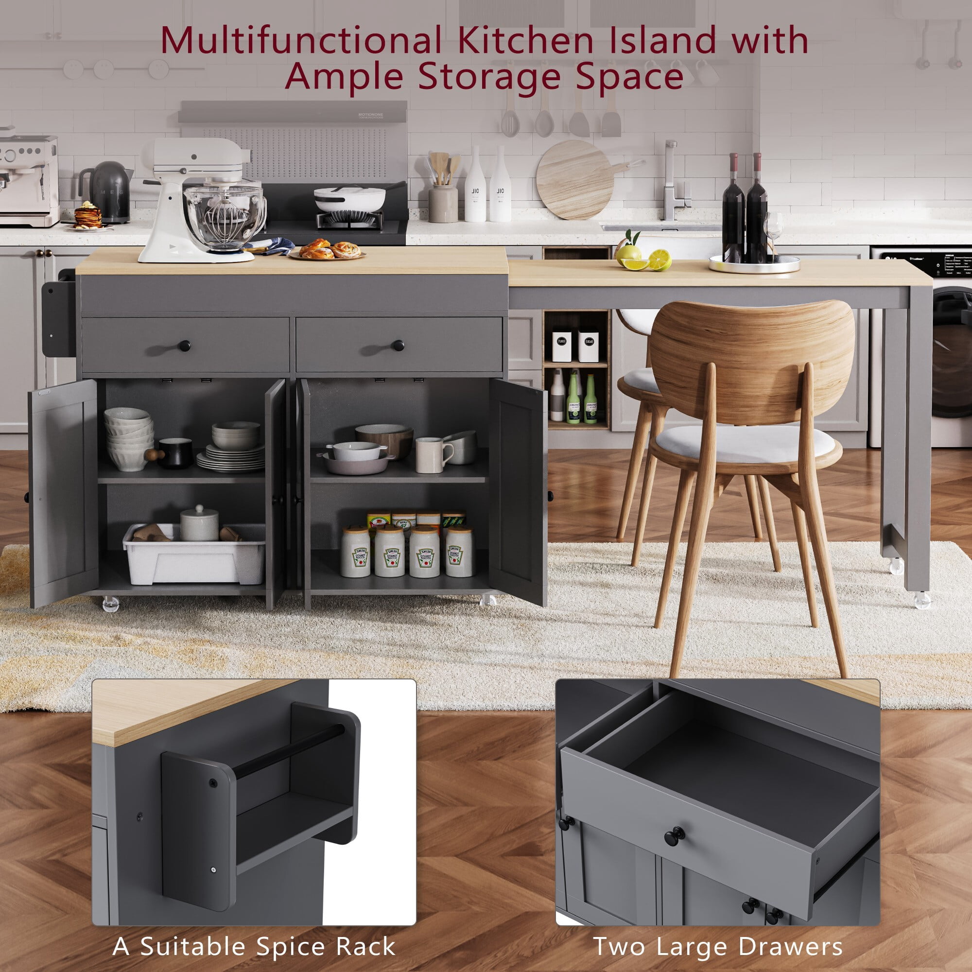 AENKYO Extendable Kitchen Island Cart with Storage, Rolling Dining Table with Drawers & Cabinets, Gray