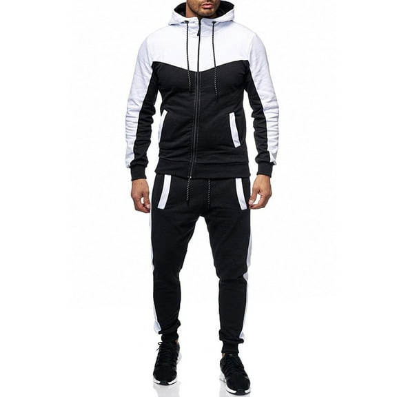 PMVFHDE Men's Outdoor Sports Hooded Sweatshirt and Pants Set with Patch Pocket Zipper Long Sleeve for Streetwear White,XXL