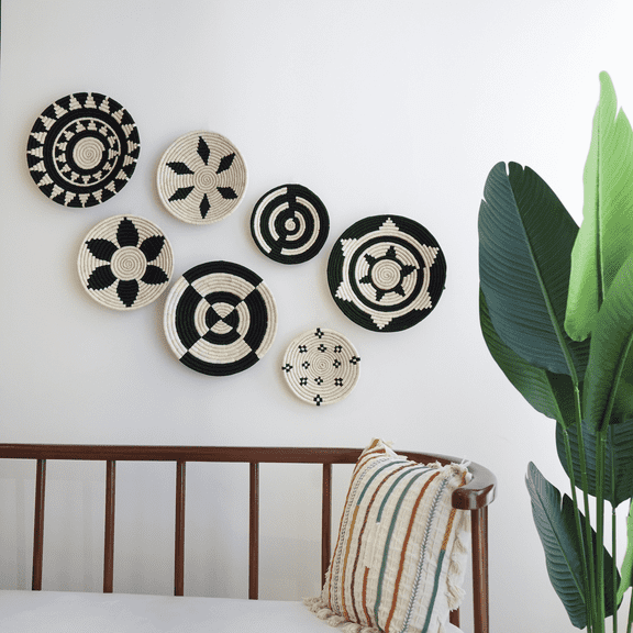Bohovana Eco-Friendly Wall Art, Off-White and Black, Handwoven Home Decor, Set of 7