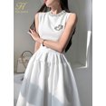 thumbnail image 5 of H Han Queen Vestidos de verano elegante moda Simple con cuentas Vintage vestido blanco mujeres cuello redondo sin mangas Casual fiesta Midi Vestidos, 5 of 5