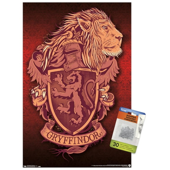 The Wizarding World: Harry Potter - Gryffindor Lion Crest Wall Poster with Push Pins, 14.725" x 22.375"