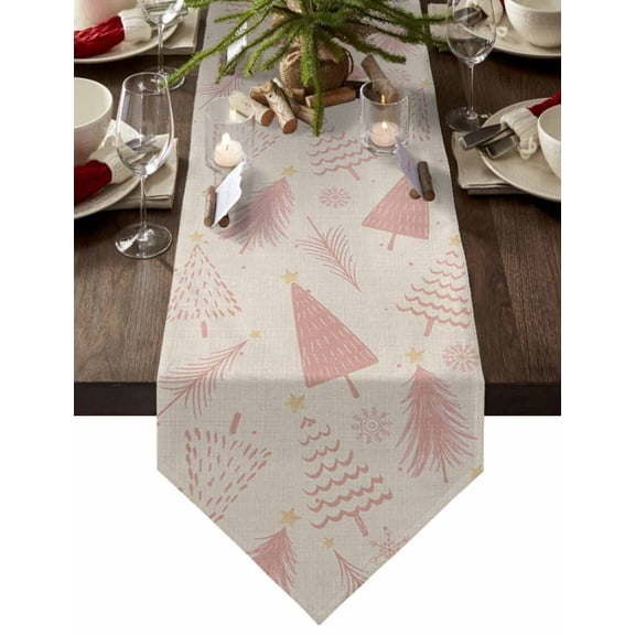 Table Runner Dresser Scarves Merry Christmas Tree Seamless Sketch Cotton Linen Burlap Table Cover Pink Stripe on Linen Table Runners for Family Kitchen Dining Holiday Party Banquet Decor