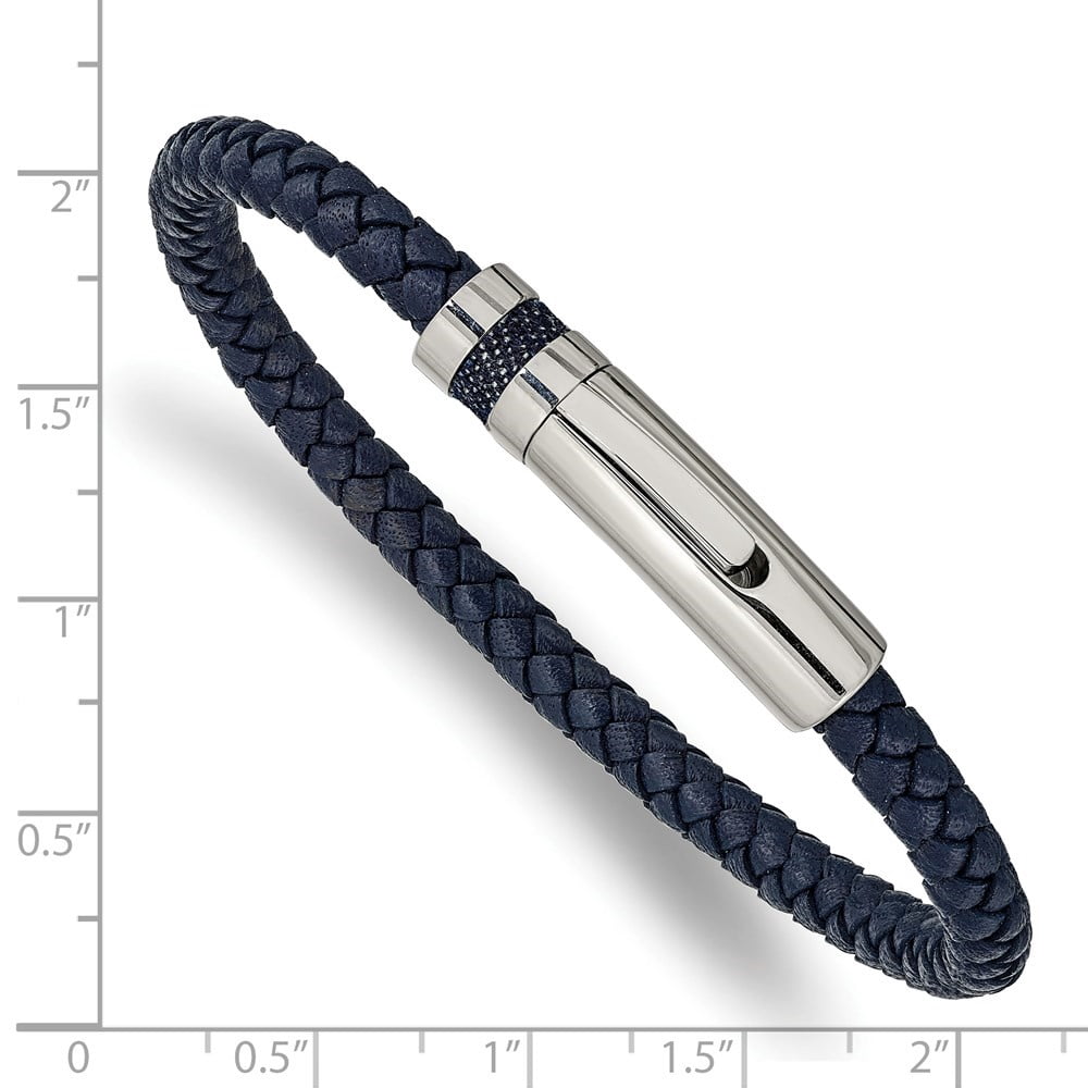 Diamond2Deal Stainless Steel Polished Blue Braided Leather Bracelet for Men 8.25"