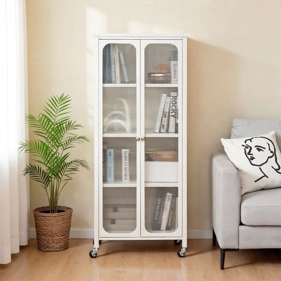 Barara King Glass Doors Storage Cabinet with Wheels and Adjustable Shelves-White