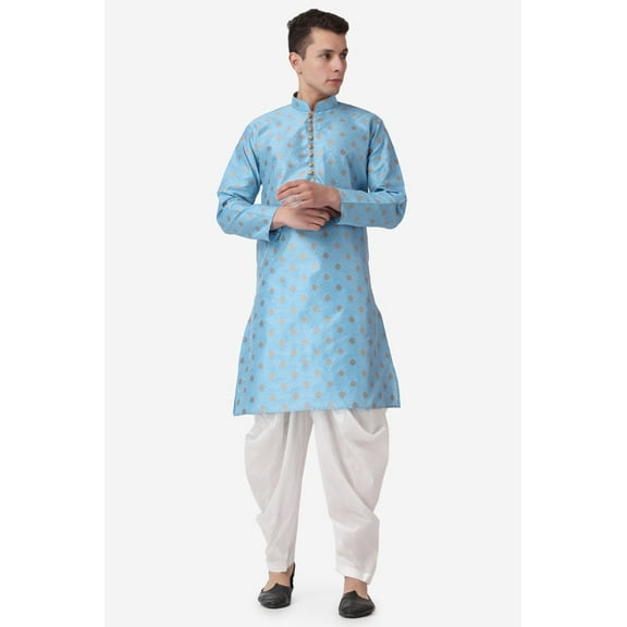 Royal Kurta Elegant Firozi Jacquard Silk Printed Long Kurta and White Salwar for Men