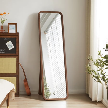CQSXDA Freestanding Floor Mirror with Natural Wood Frame Bedroom and Living Room Use,Walnut