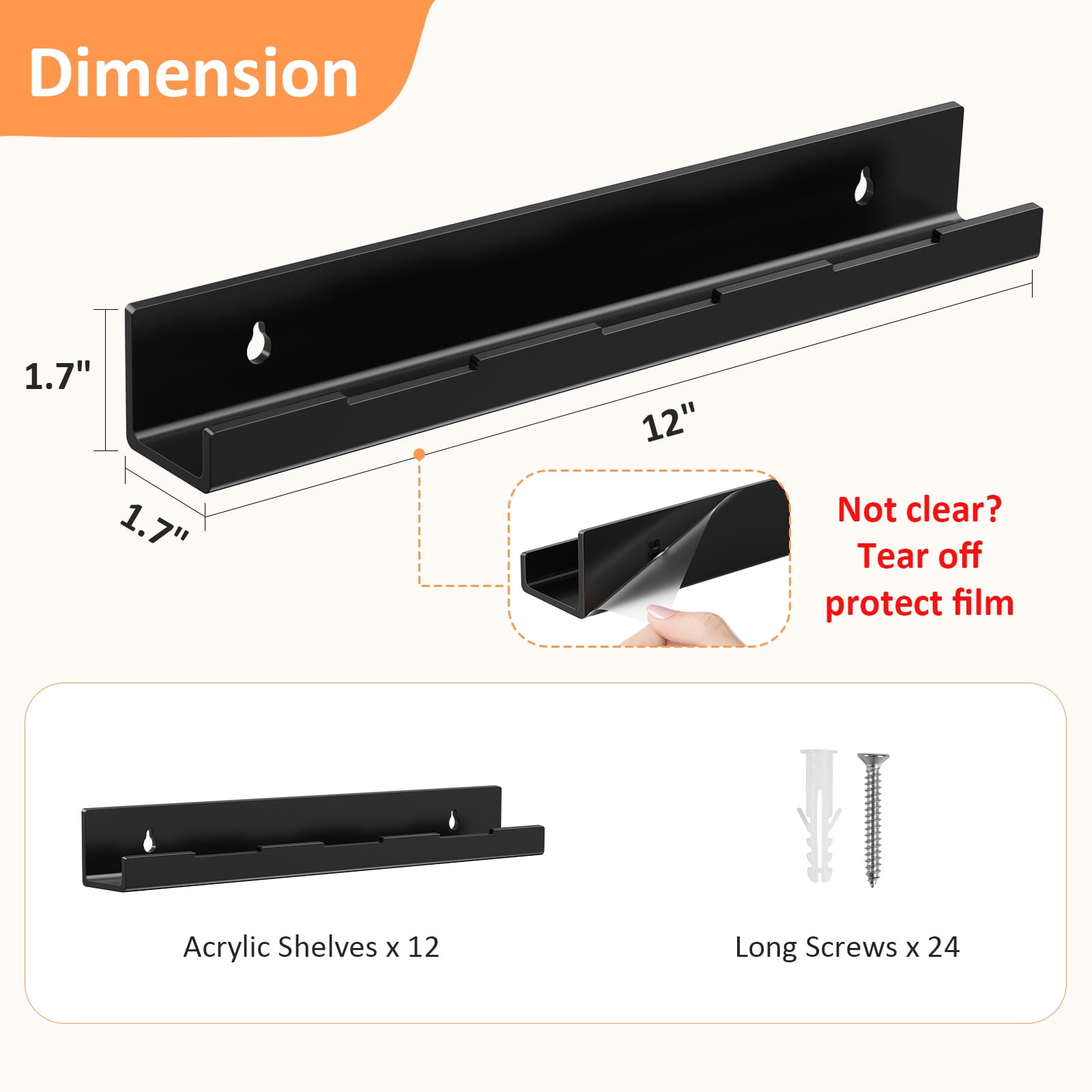 12 Pack Vinyl Record Holder, 12" Vinyl Wall Mount Shelf, Record Holder for Display and Storage, Floating Shelves for Wall, Living Room,Bedroom, Black