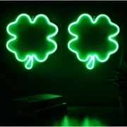 2 Packs Four Leaf Clover Shaped Neon Lights, LED Neon Signs Wall Decor, Battery or USB Powered LED Decorative Lights, St. Patricks Day Decorations with Green Light