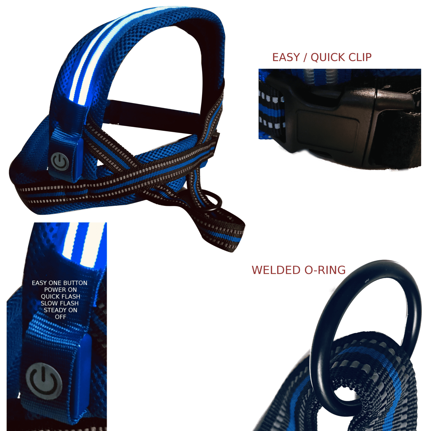 Outdoor Dog Harness with LED chest lights, reflective chest seams, fast slip adjustable clip, no choke / no-pull design for control over extra small (XS), small, medium, large, & extra large(XL) dogs