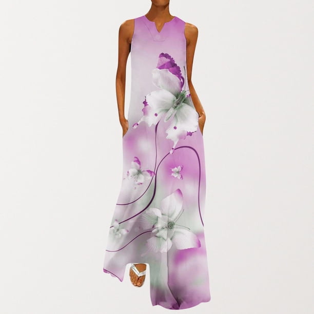 ICHUANYI Clearance Women's Summer Fashion Printed V-Neck Sleeveless Pullover Pocket Dress(Purple, M) ICHUANYI WER2023081014859