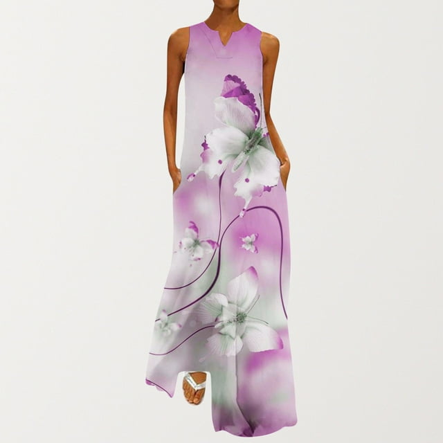 Robe d'Été Femme Mode Été Imprimée Col en V Sans Manches Robe à Enfiler avec Poches Robe à Manches Courtes en Liquidation