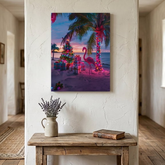 Ships Next Day Canvas Wall Art 24"x36", Coastal Christmas Wood Framed Canvas Print Painting, Flamingo Xmas Palm Tree Beach Ready to Hang Large Picture Wall Decor for Home Bedroom Living Room Office
