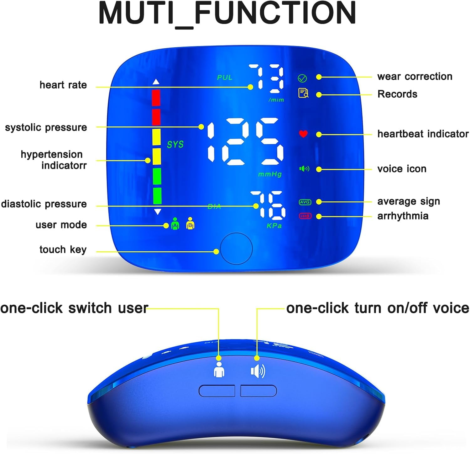 SUWU Wrist Blood Pressure Monitor, Rechargeable Blood Pressure Cuff with Large LED Screen - 2 * 99 Sets of Memory, One-Button Turn On/Off Voice & Switch User