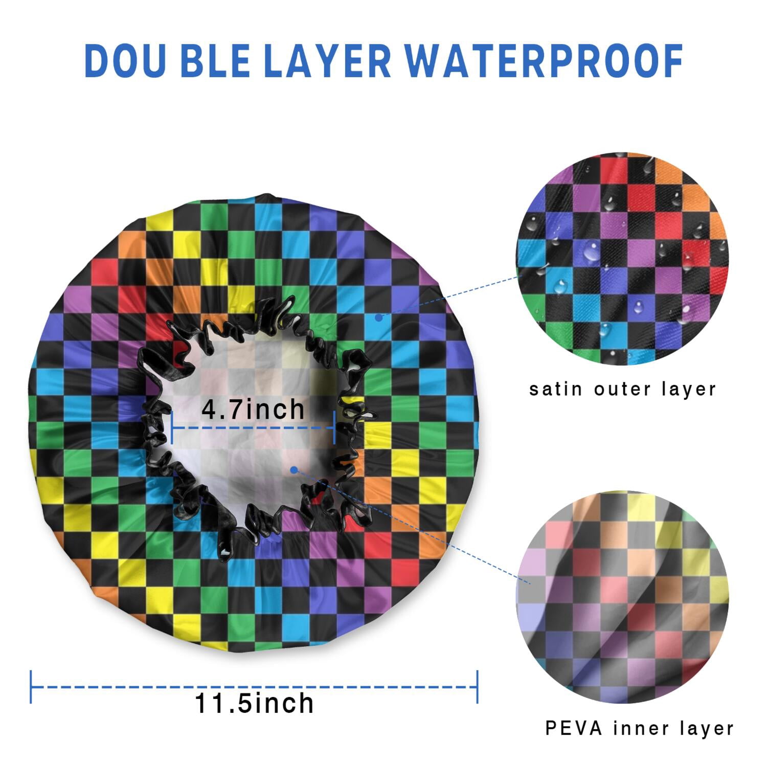 Shower Caps,Colorful Rainbow Checkered Pattern Waterproof Shower Cap for Women 4 Pieces,Double Reusable Hair Cover for Shower PEVA Elastic Stretch Hem