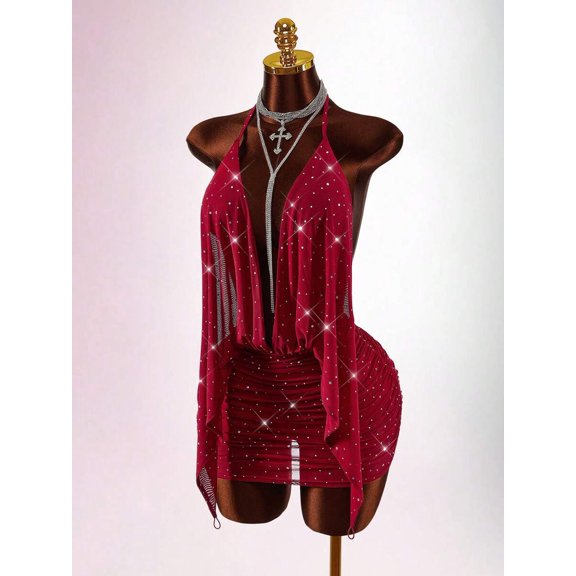 Red Rhinestone Bodycon Mini Dress With Plunging Halter Neckline And Ruched Skirt For Women