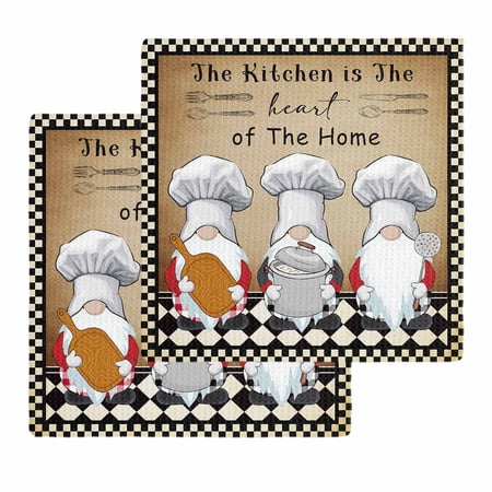 Farmhouse Chef Gnomes Kitchen Dish Towels for Drying Dishes Set of 2 Vintage Black White Plaid Waffle Weave Microfiber Hand Tea Bathroom Towels Quick Dry & Absorbent Towel 12x12