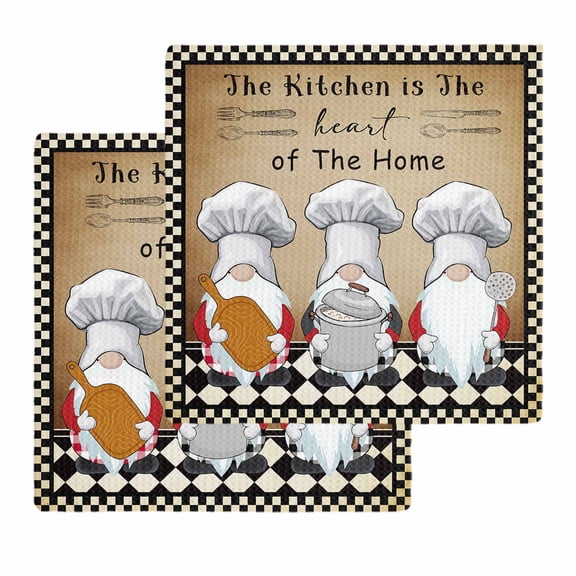 Farmhouse Chef Gnomes Kitchen Dish Towels for Drying Dishes Set of 2, Vintage Black White Plaid Waffle Weave Microfiber Hand Tea Bathroom Towels Quick Dry & Absorbent Towel 12x12