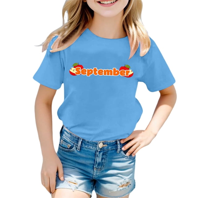 PMVFHDE Hauts pour Fille Tendance Été T-Shirts Graphiques pour Fille Hauts Tendance pour Fille T-Shirts & Blouses Tendance Manches Courtes Col Rond pour Enfants avec Imprimés Mensuels Bleu, 7-8 Ans