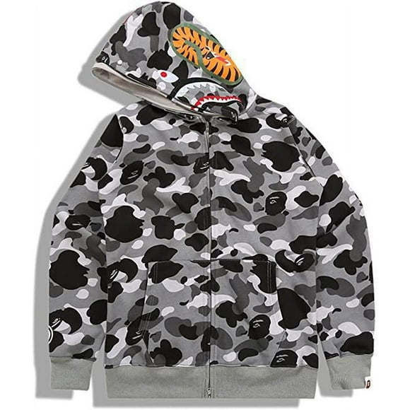 Shark Print Hoodie Sweater Zip Men's Women's Hooded Camo Sweatshirt Long Sleeve Jacket-QIUPING