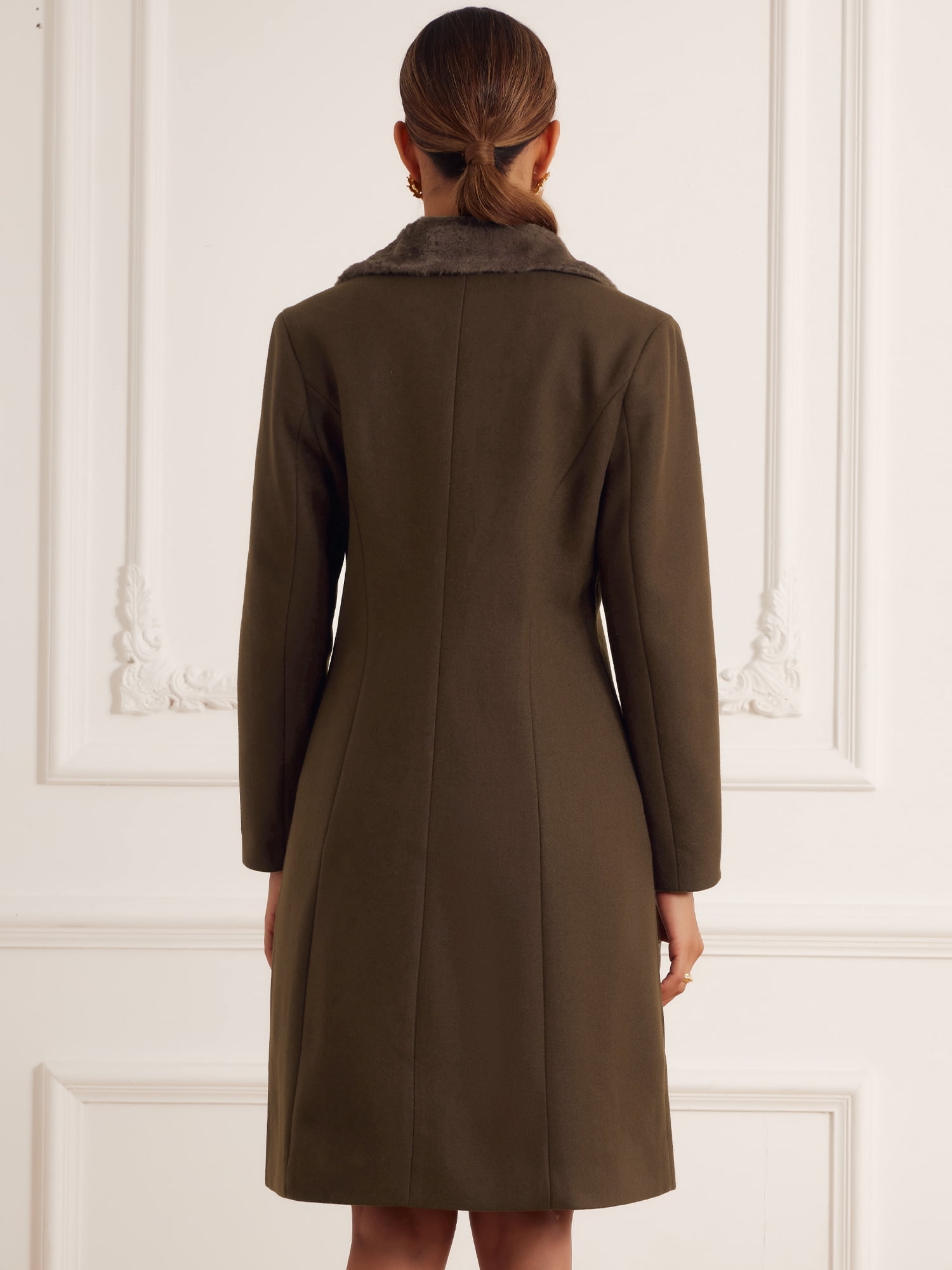 DARING DIVA Women's Winter Coat Faux Fur Collar Double Breasted Long Warm Coats S Dark Brown