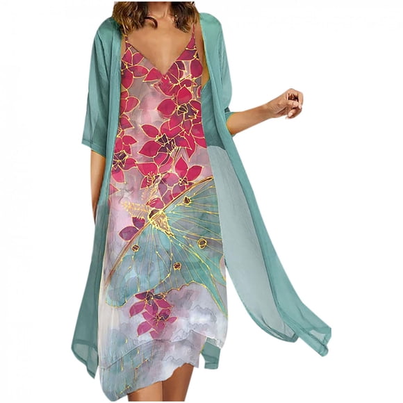 Pisexur Plus Size Dress for Women Two-Piece Set Sundresses - Summer Casual Floral Print O-Neck Sleeveles Skirt Solid Chiffon Maxi Dress