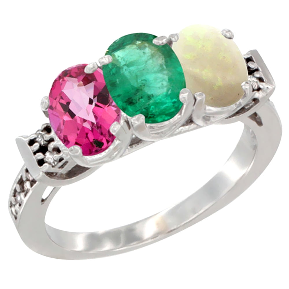 10K White Gold Natural Pink Topaz, Emerald & Opal Ring 3-Stone Oval 7x5 mm Diamond Accent, sizes 5 10 by WorldJewels