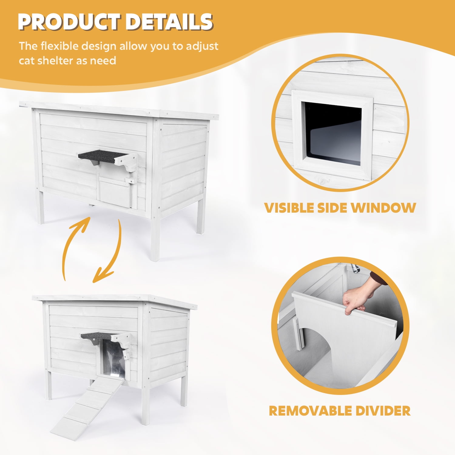 Hidpriva Insulated Wooden Outdoor Cat House, Weather-Resistant Feral Cat Shelter for Winter w/ Foldable Ladder & Visible Window, White