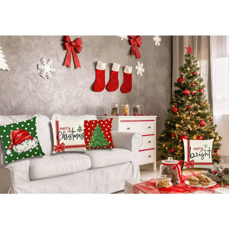  Kokaaee Merry Christmas Pillow Covers 18 x 18 mas Throw Pillow  Cases Standard Size Set of 4 Red Green Velvet Winter Holiday Decorative  Pillowcases Cushion Shams Soft Vintage Retro Decoration 