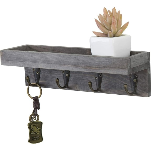 MyGift Vintage Grey Wood Wall Mounted Entryway Shelf with 4 Hooks