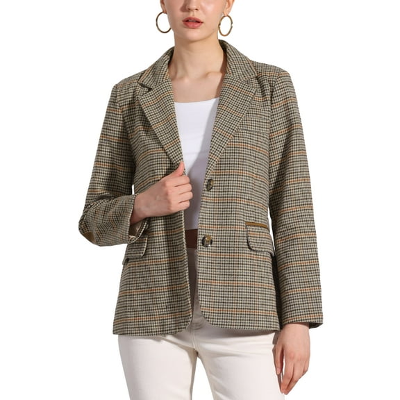 INSPIRE CHIC Women's Plaid Notched Lapel Button Front Work Formal Blazer Jacket S Brown