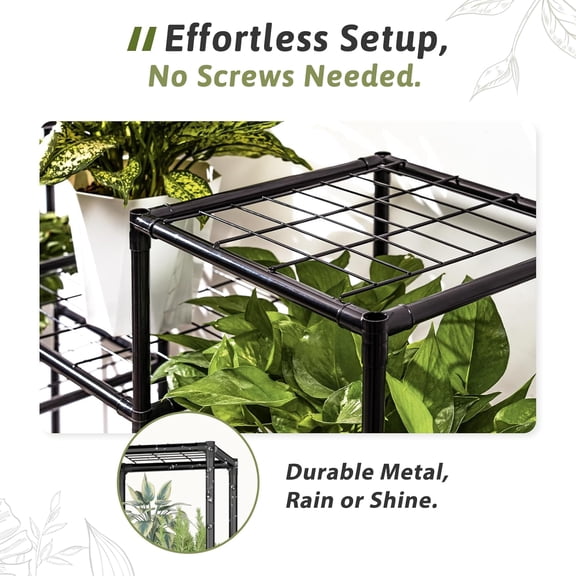 Indoor Plant Stand with Grow Lights – Large Metal Plant Shelf & Hanging Rack, Flower Pot Holder for Multiple Plants, Home and Outdoor Use, Black