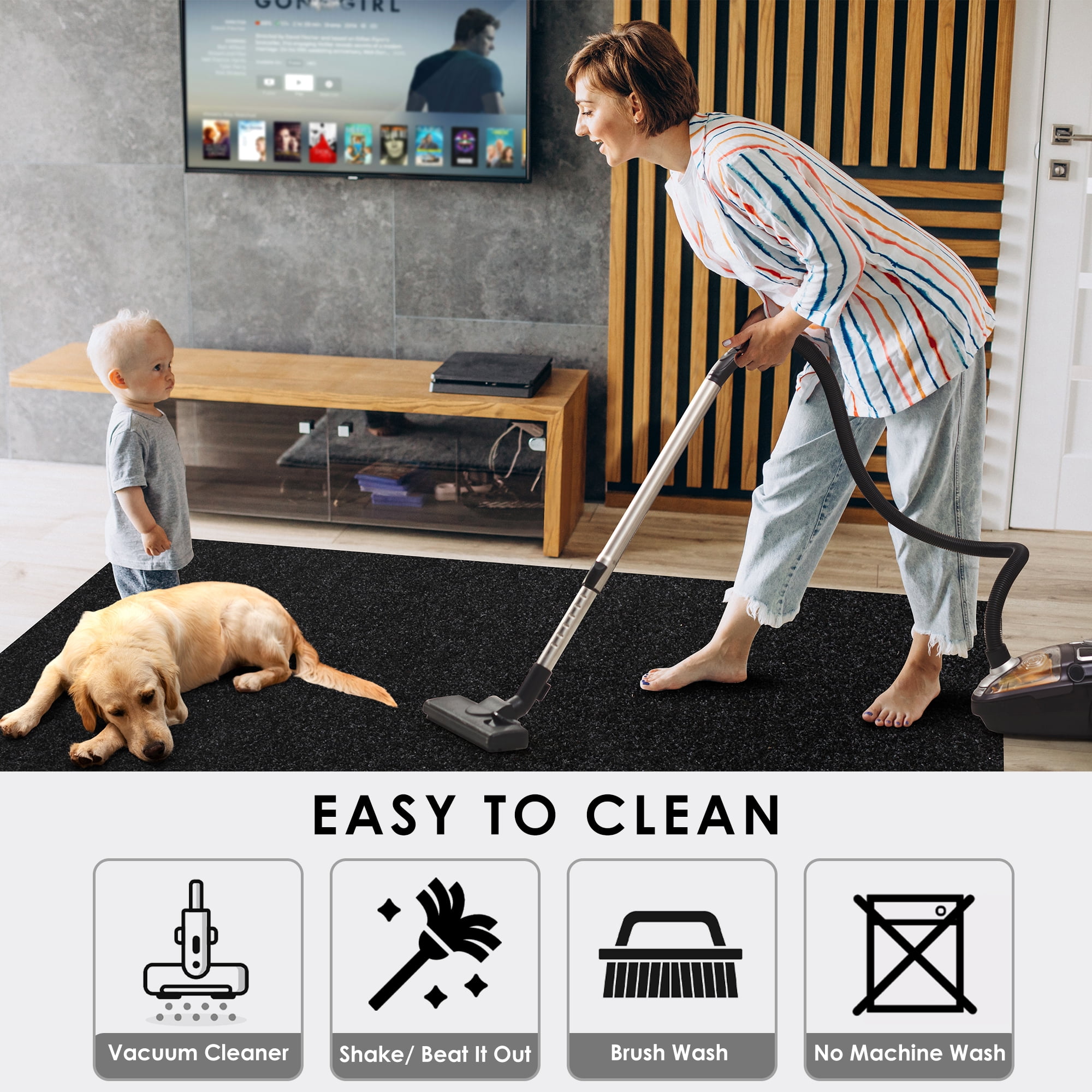 Koloko Outdoor Runner Rug Indoor Non-Slip Area Rugs Custom Size Carpet Runners with Rubber Backing Mat for Hallway Kitchen Entryway Garage Laundry Solid Black, 2ft x 16ft