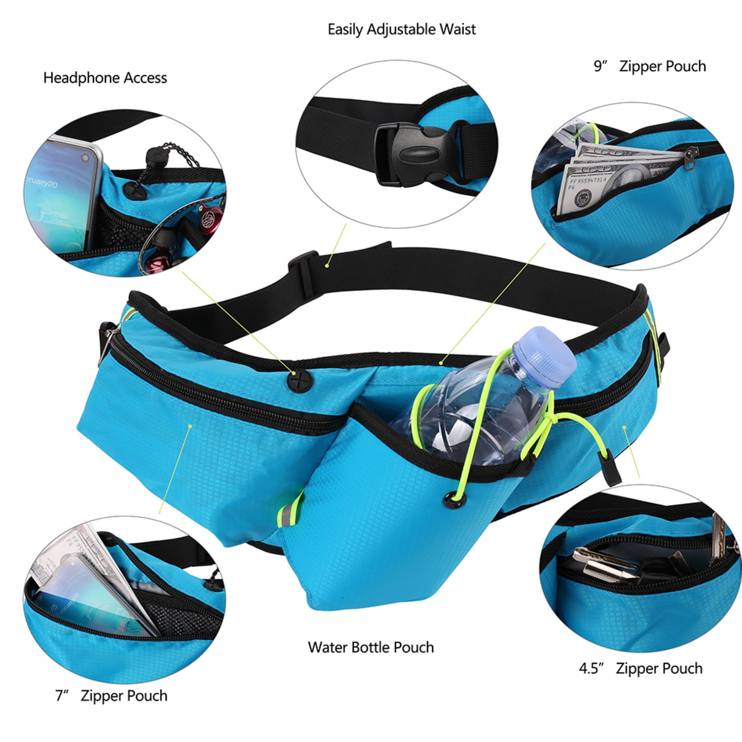 Sports Waist Pack Bag Running Belt Fanny Pack with Water Bottle Holder for Men Women Outdoors Walking Running, Fit 6.5 inch Smartphones