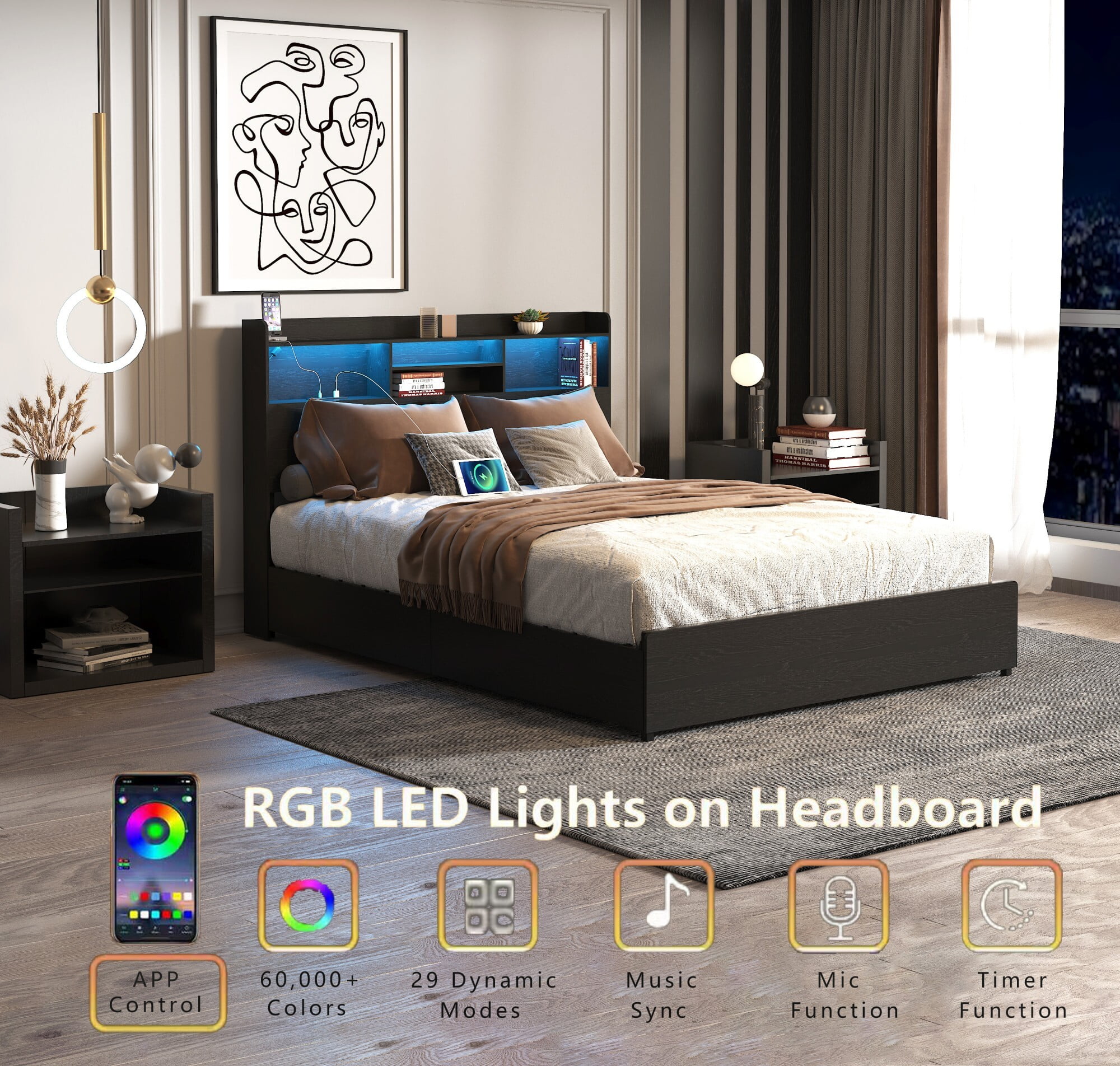 AENKYO Full Size Bed Frame with 4 Storage Drawers & LED Lights - Storage Headboard with Charging, Noise-Free, Black
