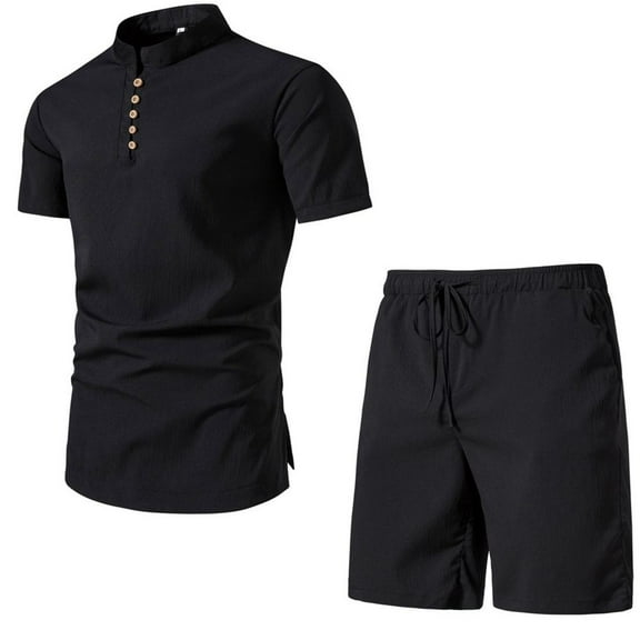 SWSMCLT Men's Summer 2 Piece Lounge Set Henley Shirt Comfy Elastic Waist Drawstring Walking Shorts Set Casual Cotton Short Sleeve Black Medium