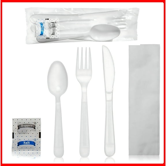 Pokanic Plastic Utensils Silverware Wrapped Combo Set Bulk Variety Pack Disposable Cutlery Party Supply Heavy Duty Forks, Spoons, Knives, Napkins, Salt and Pepper (30, White - Set A)