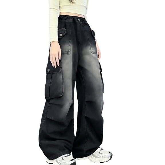 ATOGUTA Girls Jeans Baggy Denim Pants Elastic High Waist Wide Leg Jeans with Pockets Size 4T-15, Black