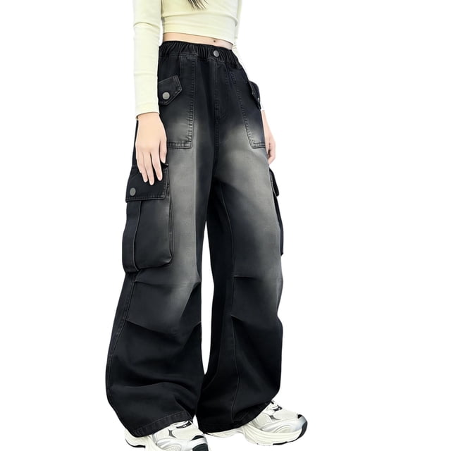 hengsof Girl's Fashion Cargo Pants Spring Summer Solid Color Elastic Waist Multi Pocket Casual Joggers Suitable for Children Aged 4-15