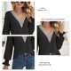 thumbnail image 3 of Top de encaje con cuello en V Manga larga Puños con volantes Camisa de mujer elegante informal de color sólido para citas de trabajo Negro S, 3 of 4