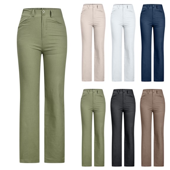 HAPIMO Cotton Linen Straight Pants with Pocket for Women Summer High Waist Fashion Solid Relaxed Trousers Casual Button Workout Beige XL