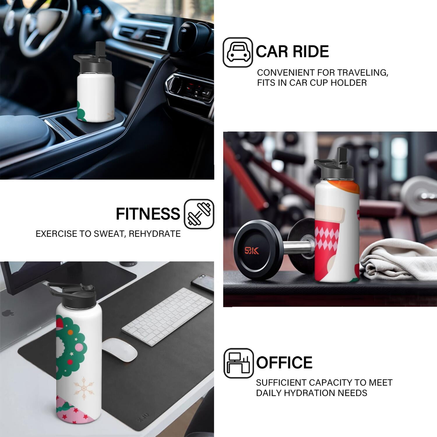 Christmas 18 oz Insulated Stainless Steel Water Bottle with Straw & Cleaning Brush , Leakproof, BPA-Free, 304 Stainless Steel, Wide Mouth, Travel Mug for Car, Gym, Office